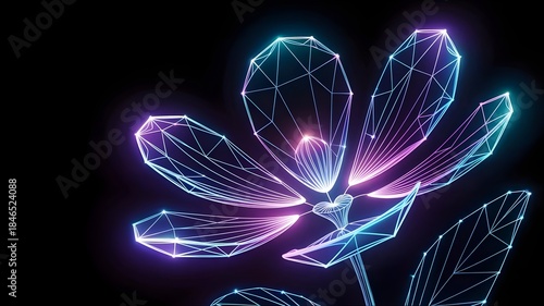 Abstract flower of luminous electric blue and violet geometric wireframes – Ideal for high-tech biology, holographic concepts, or sleek design.