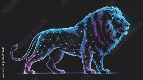 Majestic lion silhouette filled with glowing electric blue network mesh – Great for strength, data security, digital power, or technology leadership.