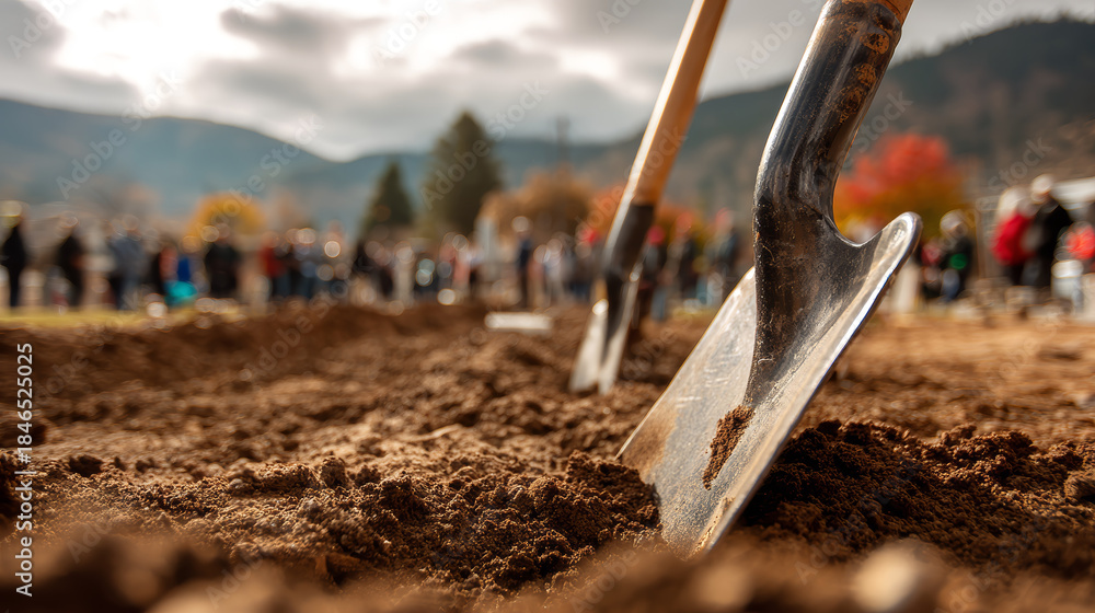 custom made wallpaper toronto digitalA metal shovel with a wooden handle digging into dark brown soil during a groundbreaking event with a blurred crowd and mountainous landscape in the background