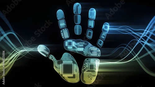 Luminous handprint featuring microchip circuitry – Perfect for biometric security, AI concepts, or technology research.
