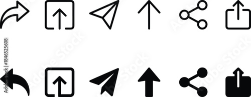 Share upload send icons, action symbol set, curved arrow, paper plane, network graphic, UI interface design, minimal style, digital button
