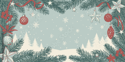 Festive Christmas border with pine branches and ornaments