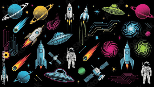 Modern Retro Halftone Space Sci-Fi Sticker Elements Set on Black Background