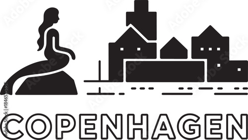 Copenhagen city skyline silhouette with mermaid and famous buildings travel landmark vector