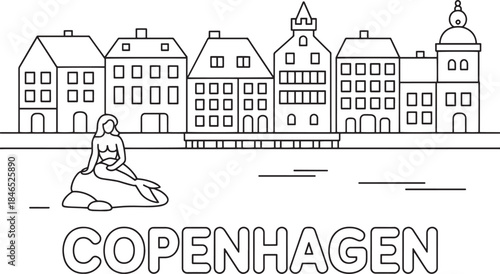Copenhagen denmark cityscape with little mermaid statue line art vector illustration