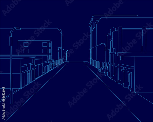 A blue contour line drawing depicts a city street at night, featuring illuminated buildings and glowing streetlights against a dark background.