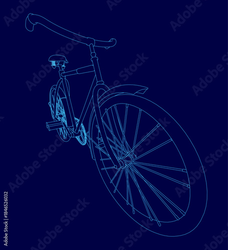 Detailed blueprint of a bicycle contour on a solid blue background. The technical drawing clearly shows the handlebars, seat, and spoked wheels. This clean vector illustration is ideal.