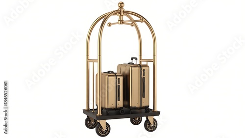 Luxury hotel luggage cart with suitcases isolated on white
