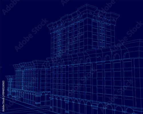 A detailed 3D wireframe model of a modern building blueprint, displayed on a solid blue background to highlight its architectural structure and design.
