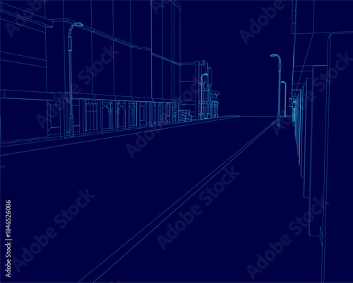 A 3D wireframe model of a city street at night features glowing blue outlines of buildings and street lights.