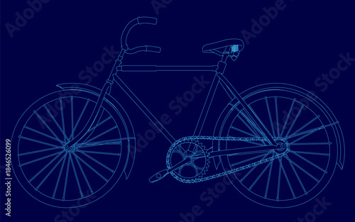 Detailed bicycle blueprint contour on a solid blue background, featuring the frame, handlebars, and wheels in crisp white lines. The high-contrast design emphasizes technical illustration.