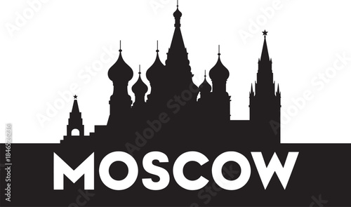 Moscow city skyline silhouette with saint basil's cathedral and historical buildings