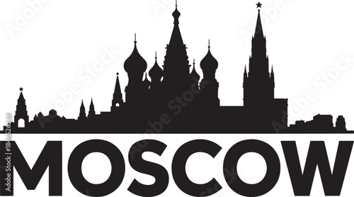 Moscow city skyline silhouette with famous spasskaya tower and saint basil's cathedral