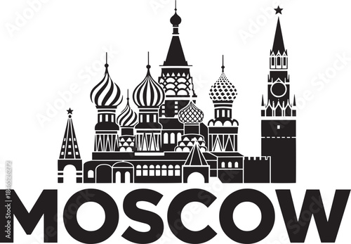 Moscow city skyline silhouette with saint basil's cathedral and spasskaya tower