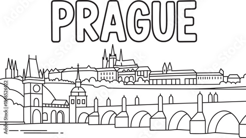 Prague czech republic city skyline linear outline with charles bridge and old town