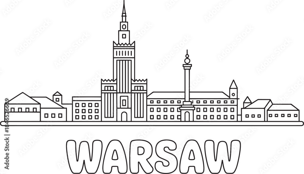 Obraz premium Warsaw poland skyline city vector line art outline with famous landmarks minimal design