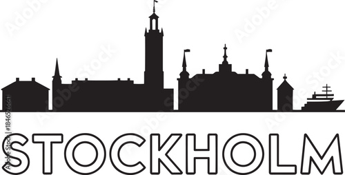 Stockholm skyline silhouette norwegian parliament and ship vector illustration