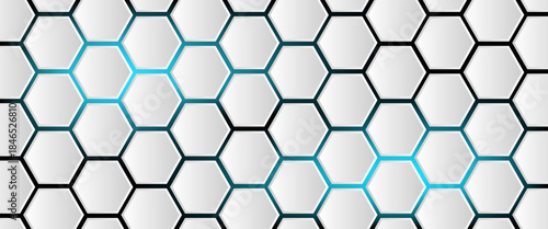 White 3d hexagonal technology vector abstract background. Blue bright energy flashes under hexagon in modern technology futuristic background vector illustration. White honeycomb texture grid.
