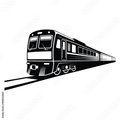 Front view of commuter train vector silhouette on tracks minimal style passenger locomotive black and white drawing railroad journey public transportation