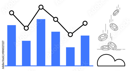Business trends, investment growth, economic analytics, financial strategy, saving concepts, data visualization. A bar graph with a line chart and coins falling into a cloud. Business trends