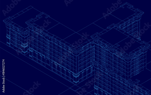 Architectural blueprint on a blue background displays a detailed building wireframe with structural elements and design annotations.