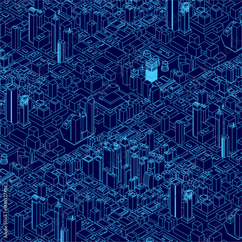 Isometric cityscape pack in blue and white contour style. The buildings create a geometric pattern with a strong sense of depth and dimension.