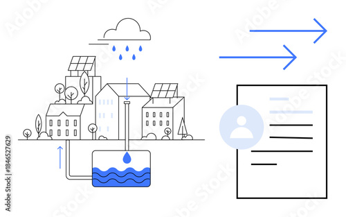 Sustainability, eco-friendly design, urban planning, water conservation, data integration, environmental impact. Buildings with solar panels and rainwater harvesting. Sustainability and eco-friendly