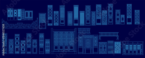 A Chinese city blueprint details architectural contours with tall buildings, doors, and window sets.