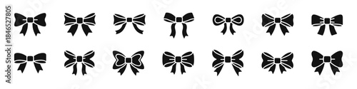 A wide array of hand-drawn line art bow and ribbon icons, perfect for packaging, fashion, and festive themes.