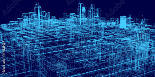 A 3D wireframe city pack model displays architectural blueprints of buildings against a solid blue background.