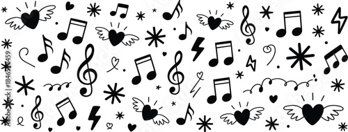 Black and White Pattern of Musical Notes Hearts and Stars lightning