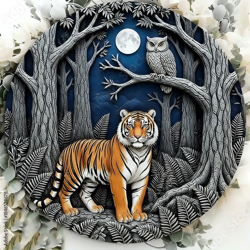 Tiger and owl in moon night 