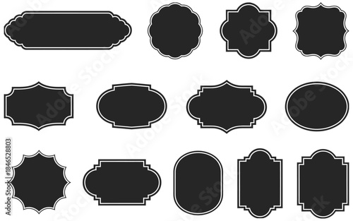 Vintage label collection featuring decorative ornate frames and elegant silhouette designs, ideal for branding, product packaging, logo creation, stationery design, luxury labels,