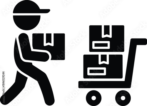 Delivery person with cap carrying box next to hand truck with packages worker courier