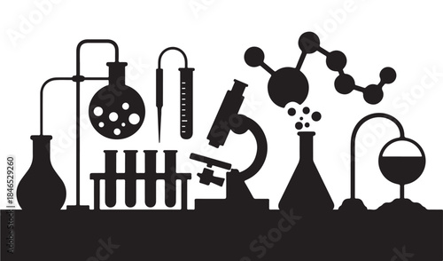 Black silhouette of a science laboratory setup with flasks, beakers, test tubes, and a microscope