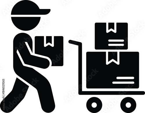 Delivery person with cap carrying box next to hand truck with packages worker courier
