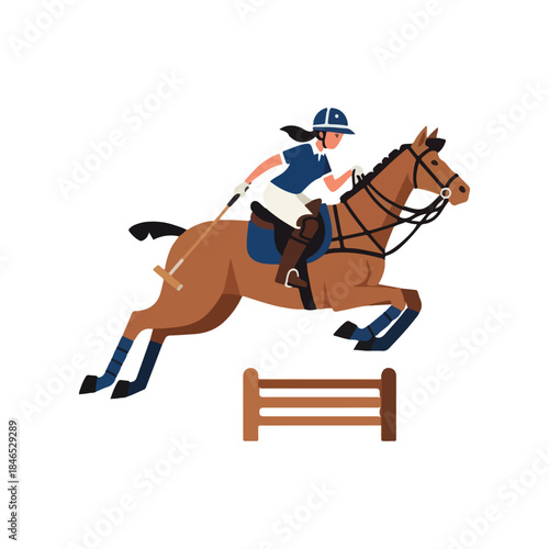 An illustration of a female athlete in a blue polo shirt jumping a horse over a wooden fence
