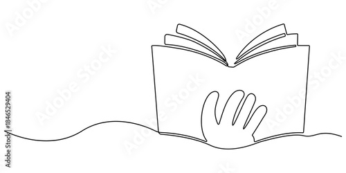 Continuous line of boy reading a book sitting on the floor. One line drawing of happy boy studying. Single line vector illustration. Isolated white background.