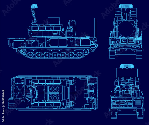 Detailed blueprint of a military tank on a stark blue background, highlighting its turret, tracks, and anti-aircraft missile system components.