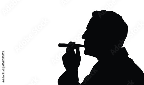 Silhouette of a man smoking a cigar, isolated on white background