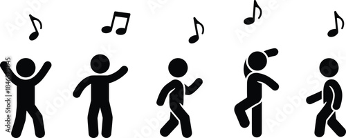 Silhouettes of people dancing with musical notes above their heads figures