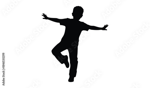 Silhouette of a child balancing on one leg with arms outstretched, representing childhood, playfulness, and coordination