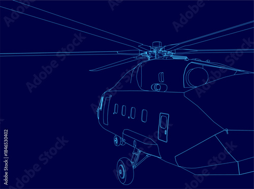 Detailed blueprint of a military helicopter contour on a solid blue background, featuring clearly defined wings, tail section, and cockpit for a stark technical contrast.