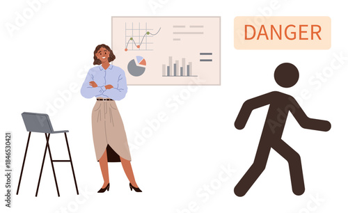 Woman beside charts analyzing business data, fleeing stick figure below danger sign. Ideal for teamwork, analytics, emergency, risk management, decision-making, safety alert communication. A simple