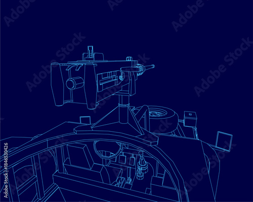A military vehicle blueprint reveals the internal machine gun contour and mechanical components on a blue technical background.