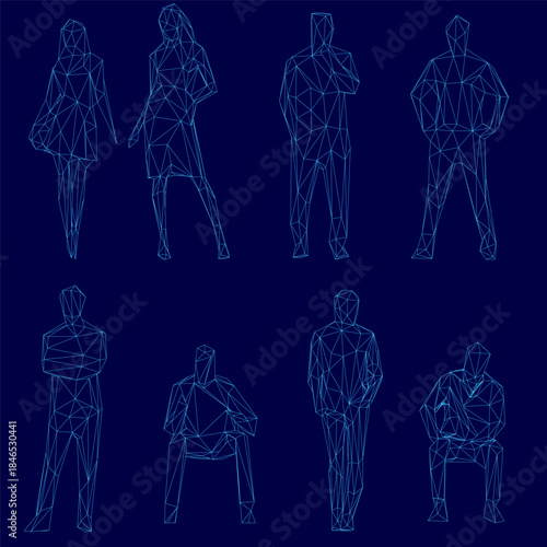 A symmetrical pack of six low poly people figures in unique shapes and sizes. The wireframe models stand out against a stark blue background.