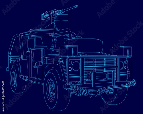 A military vehicle blueprint with a mounted gun contour, set against a dark blue background for technical or strategic presentations.