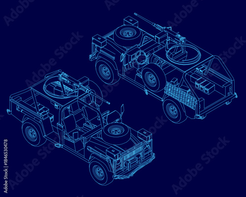 Detailed blueprint of two unique military vehicles with gun contours on a stark blue background. The technical drawing highlights complex machinery and mechanical design.