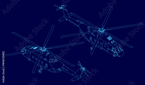 Detailed blueprint of two military helicopters in contour line art on blue background. Each aircraft features unique design elements and rotor specifications for technical illustration. Isometric view