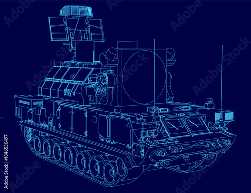 A detailed blueprint of a military anti-aircraft missile system, featuring the tank chassis, turret, and tracks against a solid blue background.